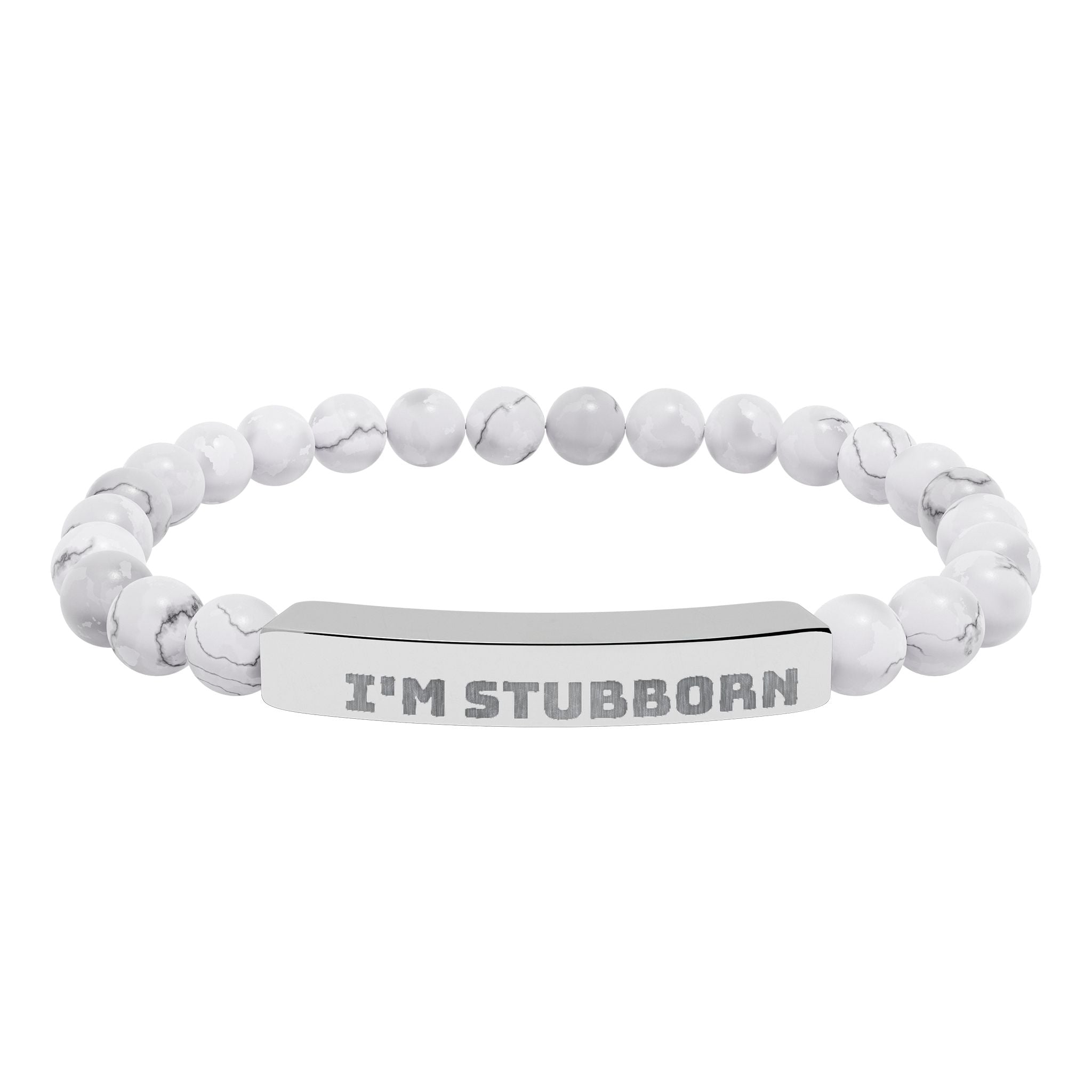 Engraved Natural Stone Stretch Bracelet — "I'M STUBBORN" Bar