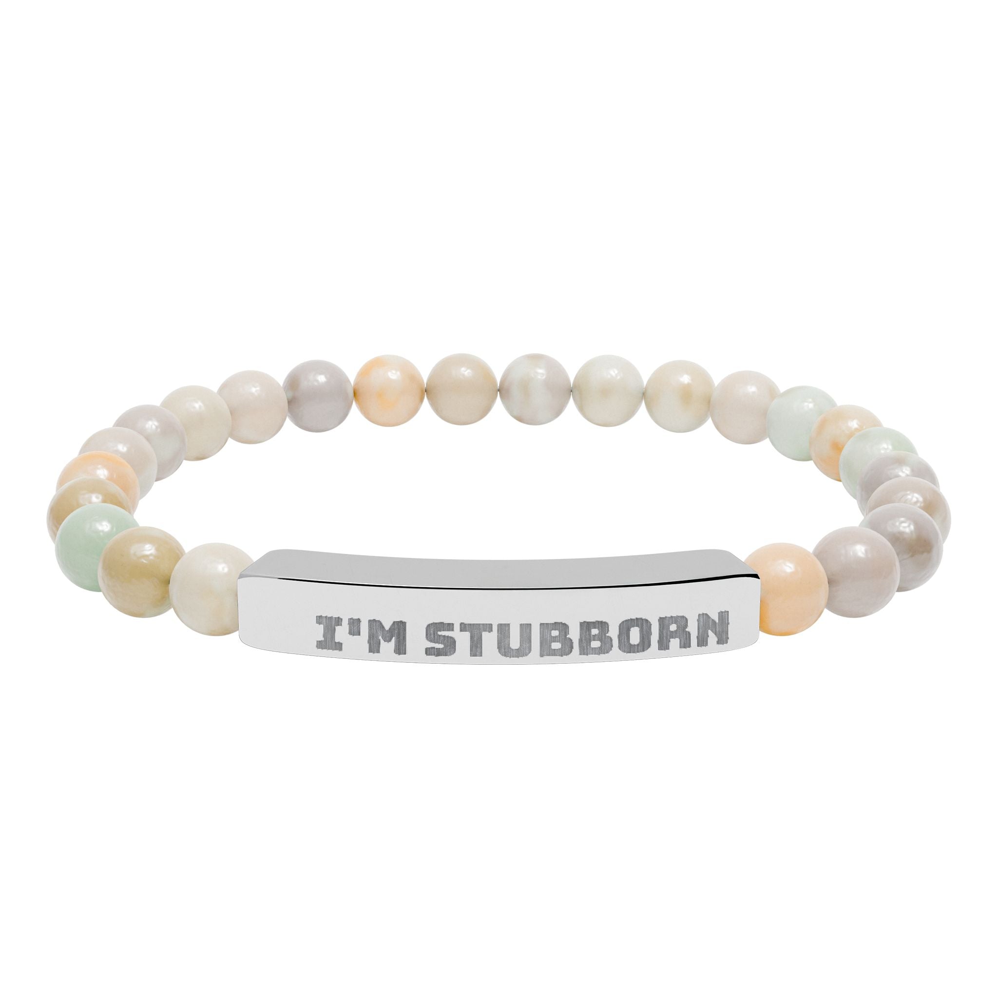Engraved Natural Stone Stretch Bracelet — "I'M STUBBORN" Bar