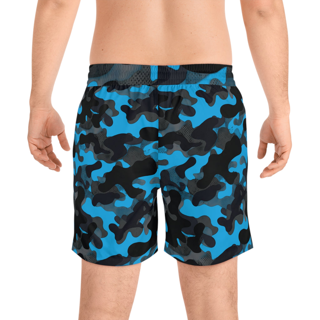 Hot Head Blue Camo Swim Shorts — Men's Mid-Length Pool & Beach Trunks with HHR Logo