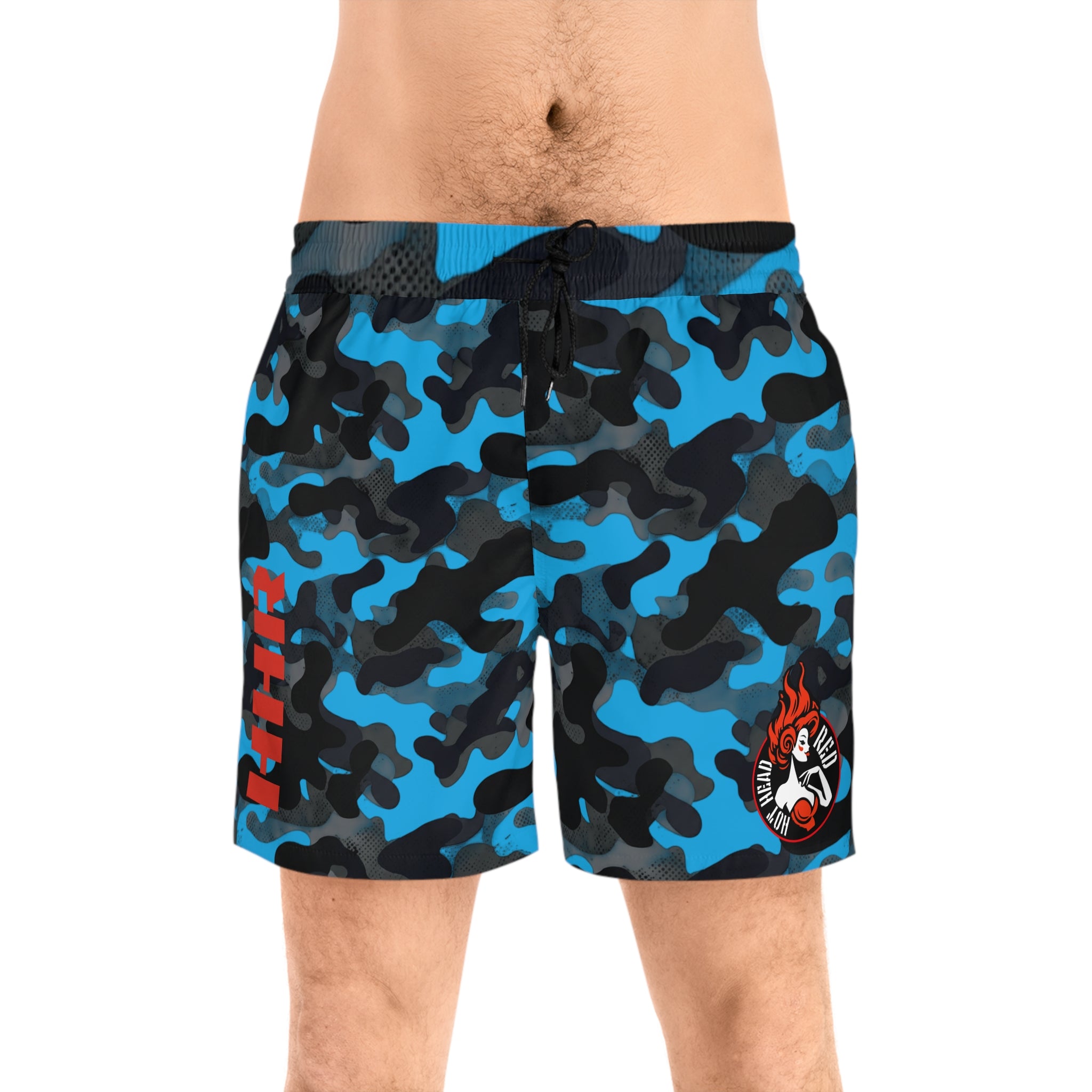 Hot Head Blue Camo Swim Shorts — Men's Mid-Length Pool & Beach Trunks with HHR Logo