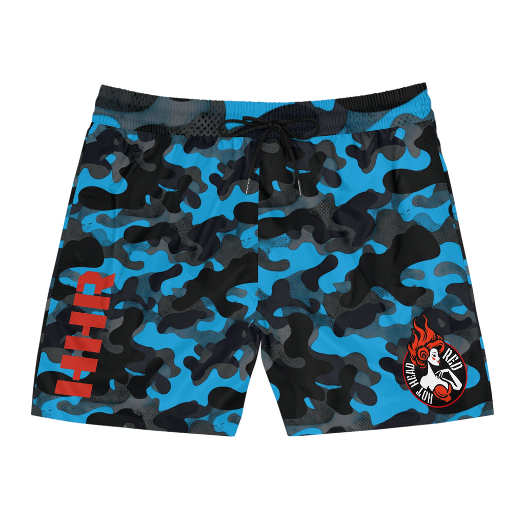 Hot Head Blue Camo Swim Shorts — Men's Mid-Length Pool & Beach Trunks with HHR Logo