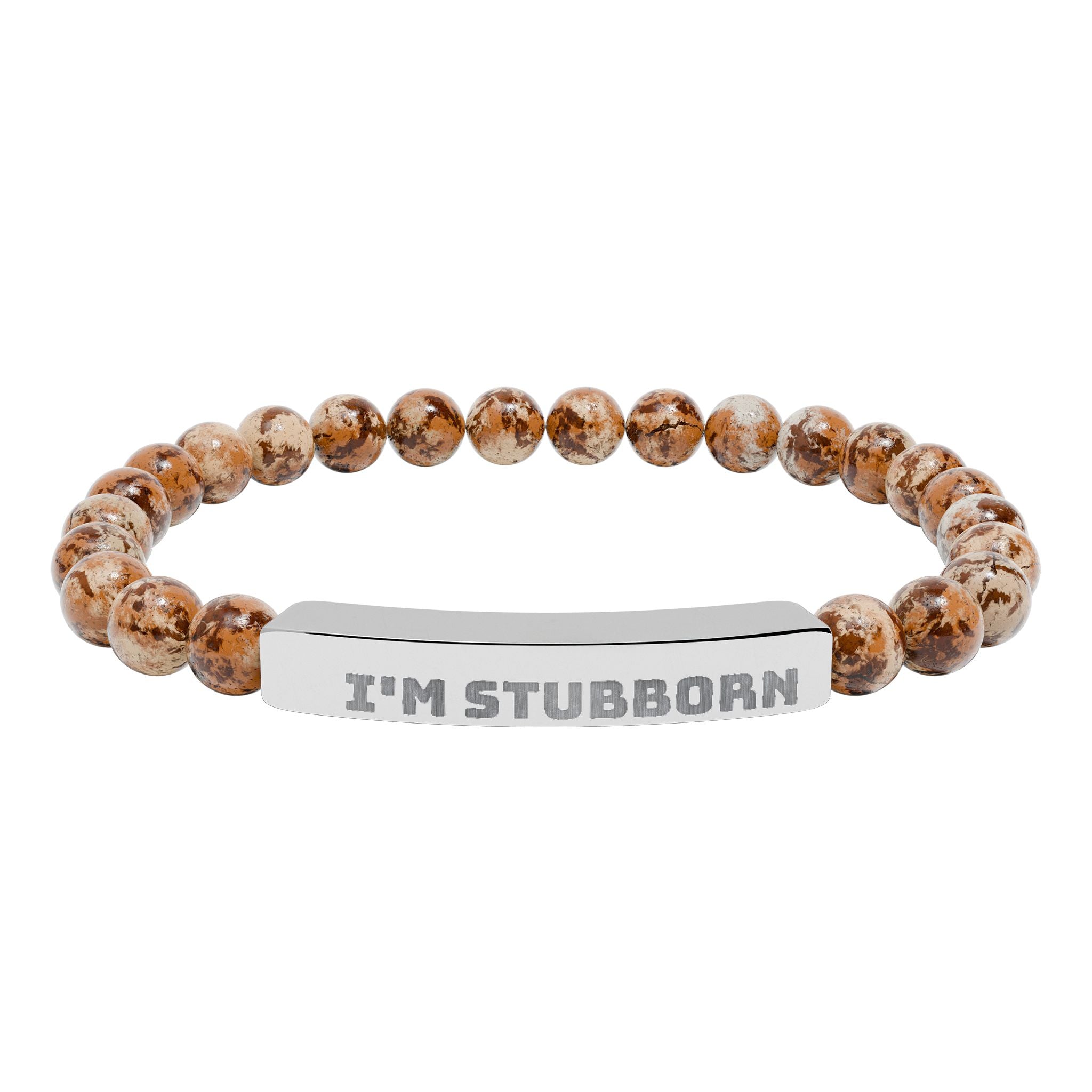 Engraved Natural Stone Stretch Bracelet — "I'M STUBBORN" Bar